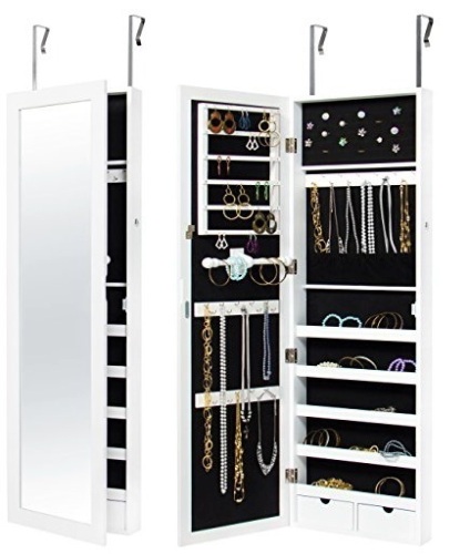 Mirrored Lockable Jewelry Cabinet Armoire Organizer with Door Hanging Hooks and Wall Mount, White - Lot 653