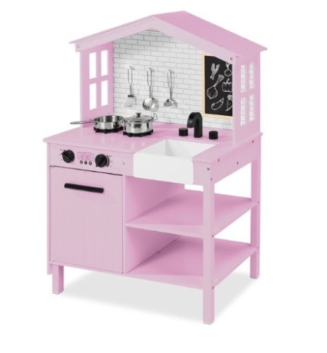 Kids Farmhouse Play Kitchen w/ Chalkboard, Storage Shelves, 5 Accessories  - Lot 943