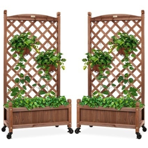 Set of 2 Wood Planter Box & Lattice Trellis w/ Optional Wheels - 48in  - Lot 476