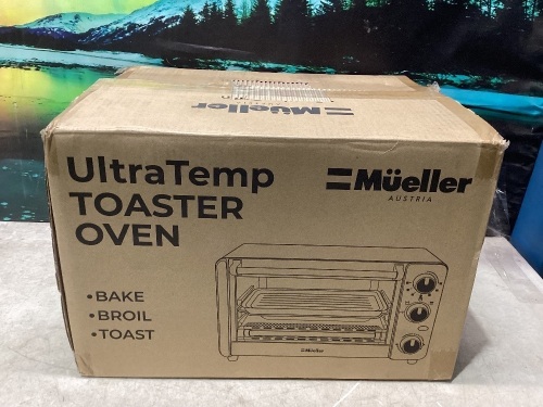 Toaster Oven 4 Slice, Multi-function Stainless Steel Finish with Timer - Toast - Bake - Broil Settings, Natural Convection - 1100 Watts of Power, Includes Baking Pan and Rack by Mueller - Lot 167