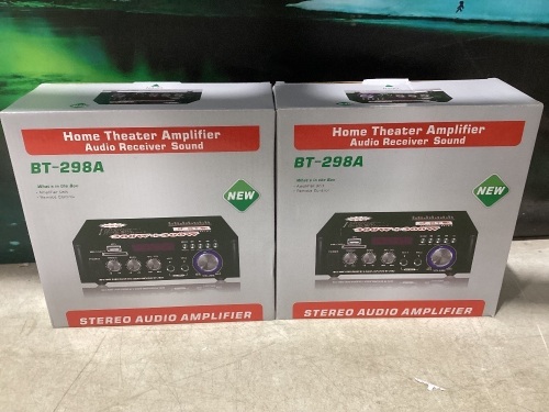 Lot of (2) 298A Wireless Bluetooth 5.0 Stereo Audio Amplifier, Max 300W+300W Dual Channel Power Sound Receiver w/USB, SD Card, FM Radio for Home Speakers & Theater System with Remote Controller - Lot 808
