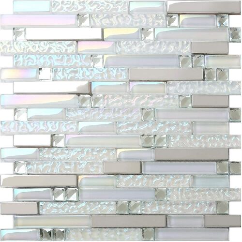 Iridescent White Glass Silver Mirror Stainless Steel Interlocking Strip Wall Tiles, 5 Sheets  - Lot 385
