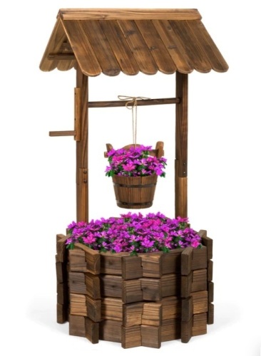 Rustic Wooden Wishing Well Planter Yard Decoration w/ Hanging Bucket - Lot 601