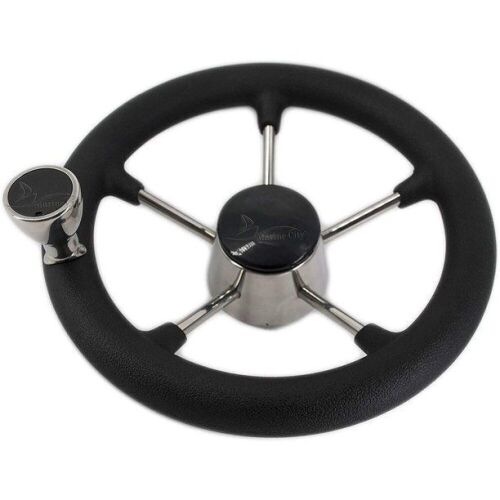 MARINE CITY 11" Black Foam Grip Boat Stainless Steel Steering Wheel with Knob - Lot 967