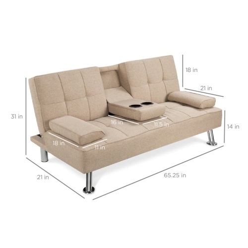 Linen Upholstered Convertible Sofa Bed Futon w/ 2 Cupholders - Lot 163