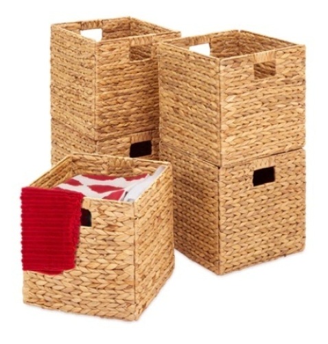 Set of 5 Collapsible Hyacinth Storage Baskets, 12x12in, Natural - Lot 260