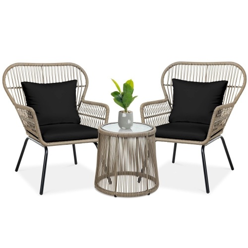 3-Piece Patio Wicker Conversation Bistro Set w/ 2 Chairs, Glass Top Table - Lot 439