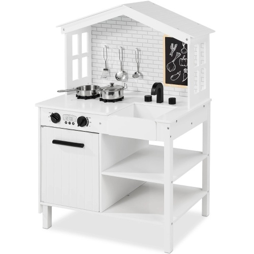 Kids Farmhouse Play Kitchen w/ Chalkboard, Storage Shelves, 5 Accessories - Lot 447