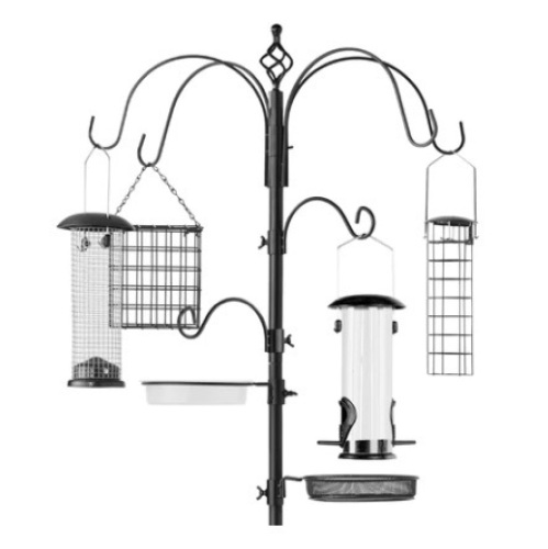 Bird Feeding Station, 6-Hook Steel Multi-Feeder Stand w/ 4 Feeders, 89in, Black - Lot 484
