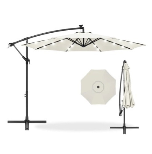 Solar LED Offset Hanging Patio Umbrella, 10ft, Cream - Lot 506