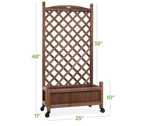 Wood Planter Box & Lattice Trellis w/ Drainage, Optional Wheels - 48in - Lot 779
