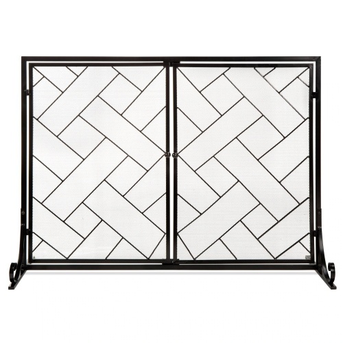 2-Panel Wrought Iron Geometric Fireplace Screen w/ Magnetic Doors - 44x33in - Lot 694