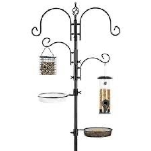 4-Hook Bird Feeding Station, Steel Feeder Stand w/ 2 Bird Feeders - 91in - Lot 804