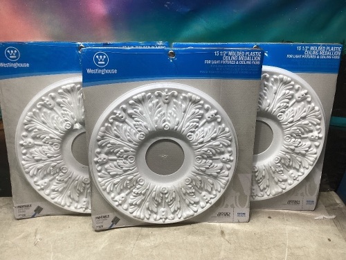 Lot of (3) 15-1/2-Inch 4-inch center opening Victorian Molded Plastic Ceiling Medallion White Finish - Lot 509