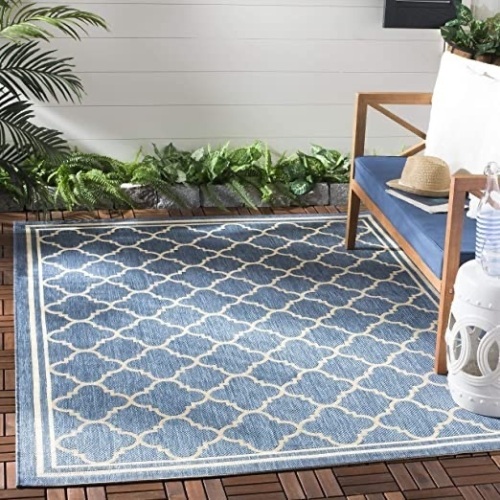 Courtyard Collection Trellis Indoor/ Outdoor Non-Shedding Easy Cleaning Patio Backyard Porch Deck Mudroom Area Rug, 5'3" x 7", Blue / Beige - Lot 1022
