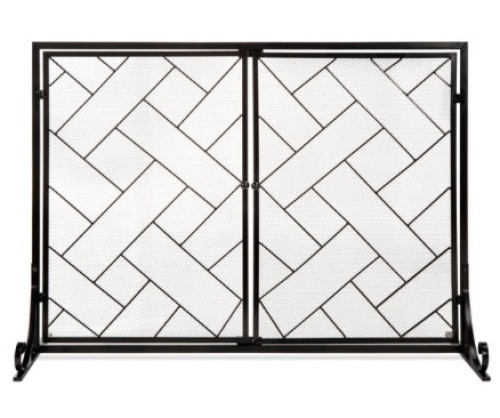 2-Panel Wrought Iron Geometric Fireplace Screen w/ Magnetic Doors - 44x33in  - Lot 1062