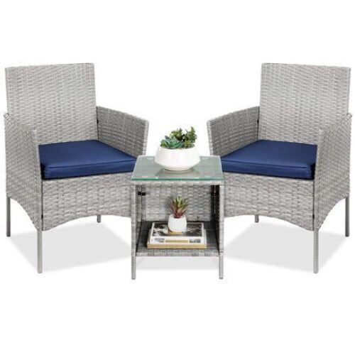 3-Piece Outdoor Patio Wicker Bistro Set w/ Side Storage Table - Lot 722