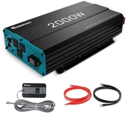 Renogy 2000W Pure Sine Wave Inverter 12V DC to 120V AC Converter for Home, RV, Truck, Off-Grid Solar Power Inverter 12V to 110V with Built-in 5V/2.1A USB Port, AC Hardwire Port, Remote Controller  - Lot 1131