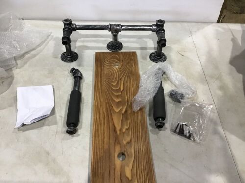 Industrial Black Metal Pipe Wall-Mounted Bicycle Storage Rack with Rustic Wood Shelf - Lot 1099