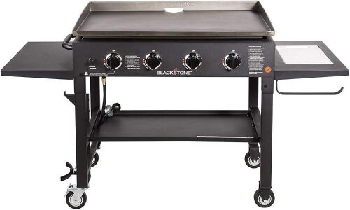 Blackstone 36" 4 Burner Propane Fuelled Restaurant Grade Professional Outdoor Flat Top Gas Griddle with Built in Cutting Board, Garbage Holder and Side Shelf  - Lot 97