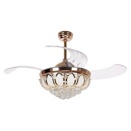 Parrot Uncle Crystal LED Ceiling Fan With Retractable Blades, Gold - Lot 977