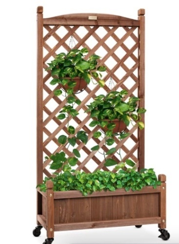 Wood Planter Box & Lattice Trellis w/ Drainage, Optional Wheels - 60in,NEW - Lot 53