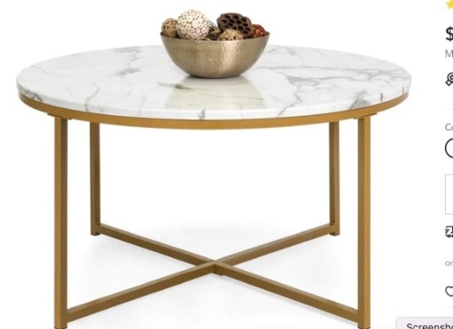 Round Coffee Table w/ Faux Marble Top, Metal Frame - 36in,NEW - Lot 90