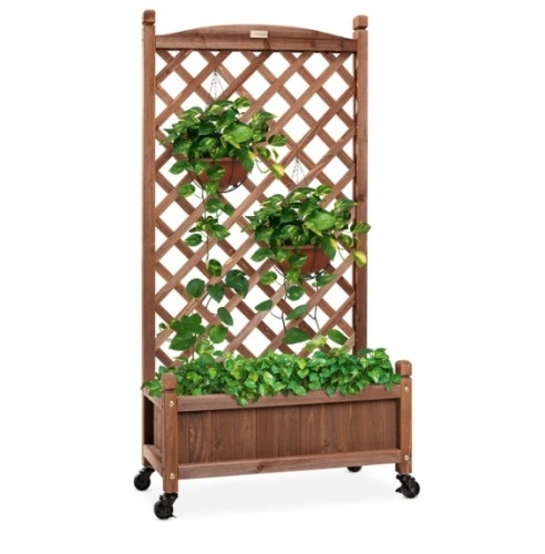 Wood Planter Box & Lattice Trellis w/ Drainage, Optional Wheels - 60in,New - Lot 128