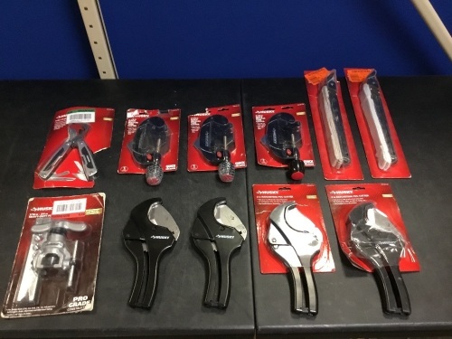 Lot of (11) Husky Plumbing Tools Including 9-in-1 Multi-tool, Tube Cutters, Ratcheting PVC Cutters, and Strap Wrench - E-Comm Returns, Appear New - Lot 254