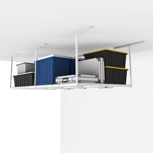 FLEXIMOUNTS 4' x 8' Overhead Heavy Duty Adjustable Garage Storage Rack, White - E-Comm Return   - Lot 260
