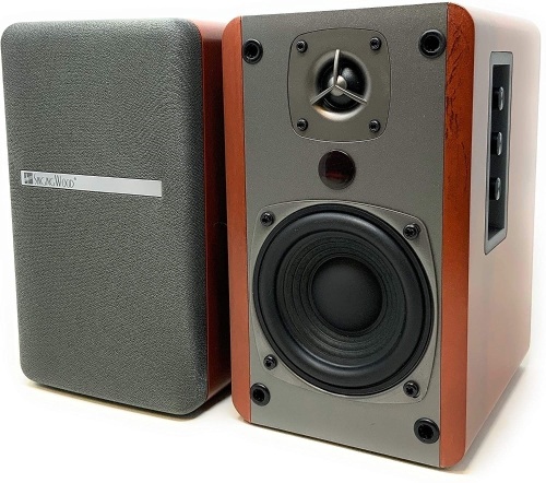 Singing Wood BT27 Powered Bluetooth Bookshelf Speakers Studio Monitor with 2 Auxiliary Line Input 27W Walnut Wood - Appears New, Untested - Lot 273