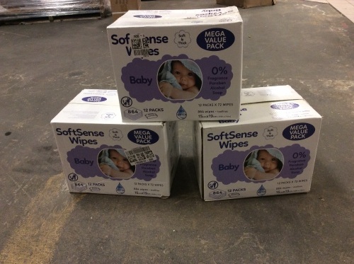 Lot of (3) SoftSense Sensitive Baby Wipes, 12 Packs of 72 - New - Lot 960