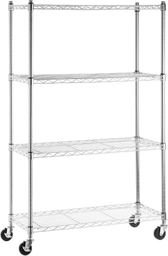Amazon Basics 4-Shelf Shelving Storage Unit on 3'' Wheel Casters, Chrome Silver - Appears New   - Lot 1004
