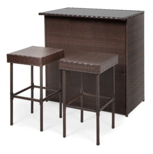 3-Piece Outdoor All-Weather Wicker Bar Table Set w/ 2 Stools - Lot 575