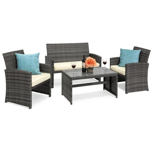 4-Piece Outdoor Wicker Conversation Patio Set w/ 4 Seats, Glass Table Top - Lot 376