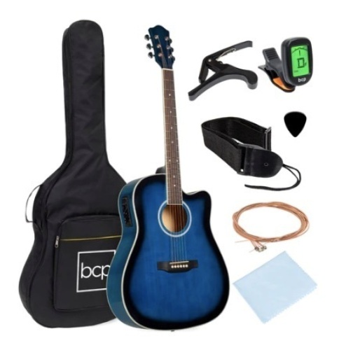 41in Beginner Acoustic Electric Cutaway Guitar Set w/ Case & Strap, Blue - Lot 589
