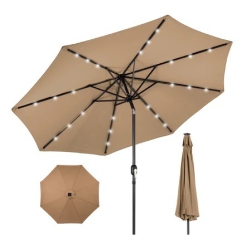 Solar LED Lighted Patio Umbrella w/ Tilt Adjustment, UV-Resistance, 10ft, Tan - Lot 591