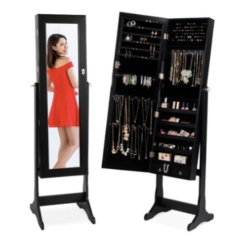 Full Length Standing Jewelry Mirror Armoire w/ Velvet Interior, Black - Lot 592