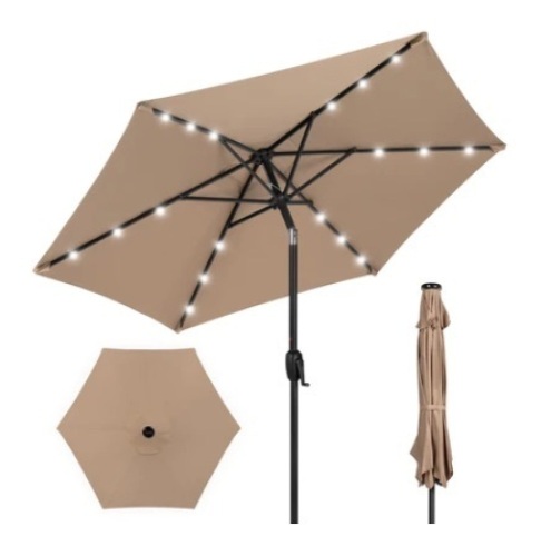 Outdoor Solar Patio Umbrella w/ Push Button Tilt, Crank Lift, 7.5ft, Tan - Lot 559