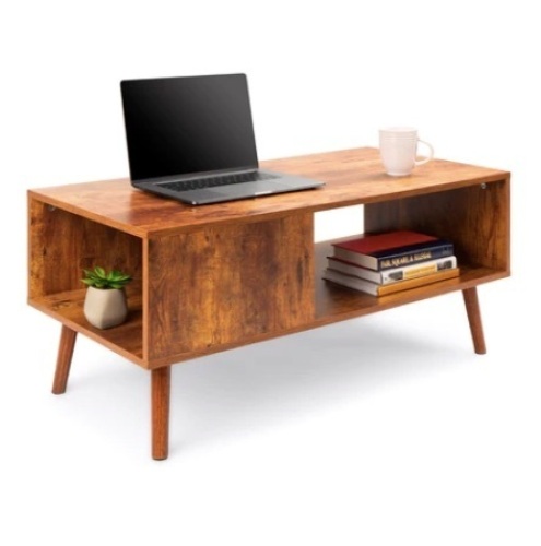Wooden Mid-Century Modern Coffee Accent Table w/ Open Storage Shelf, Brown - Lot 561