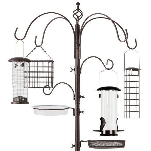 Bird Feeding Station, 6-Hook Steel Multi-Feeder Stand w/ 4 Feeders - 89in - Lot 462