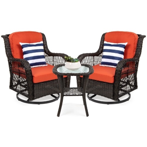 3-Piece Patio Wicker Bistro Furniture Set w/ 2 Swivel Rocking Chairs, Table - Lot 694