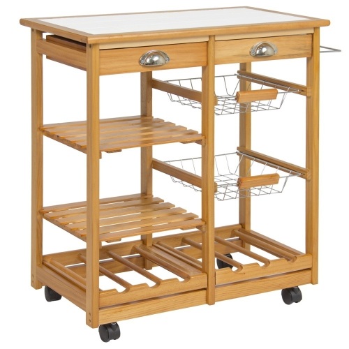 Rolling Wood Kitchen Storage Cart Dining Trolley w/ Drawers, Fruit Baskets, Wine Rack - Lot 703