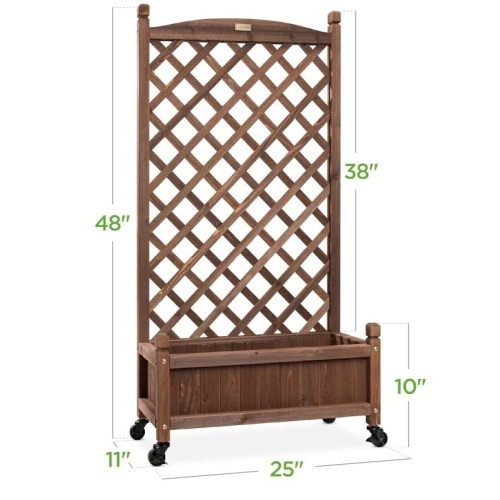Wood Planter Box & Lattice Trellis w/ Drainage, Optional Wheels - 48in - Lot 1048