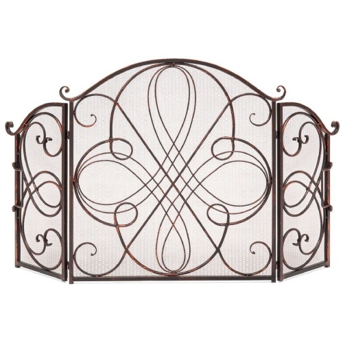 3-Panel Wrought Iron Metal Fireplace Screen Cover w/ Scroll Design - 55x33in - Lot 1098