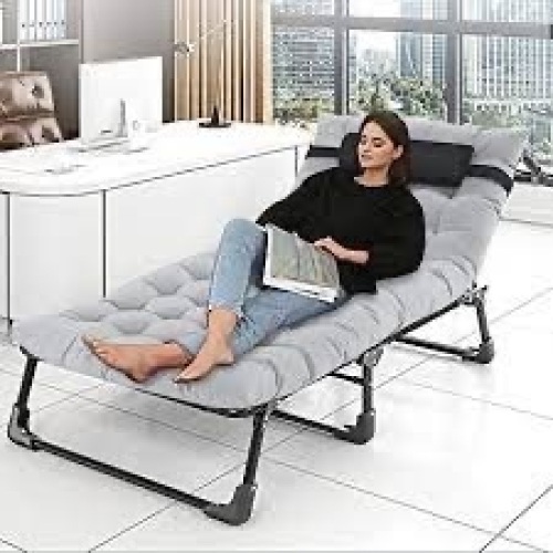 Portable Folding Camping Cot, Adjustable 4-Position Adults Reclining Folding Chaise with Pillow, Outdoor Portable Folding Lounge Chair Sleeping Cots Bed, Perfect for Camping, Pool, Beach, Patio - Lot 1127
