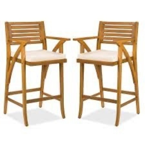 Set of 2 Outdoor Acacia Wood Bar Stools Chairs w/ Weather-Resistant Cushions - Lot 1236