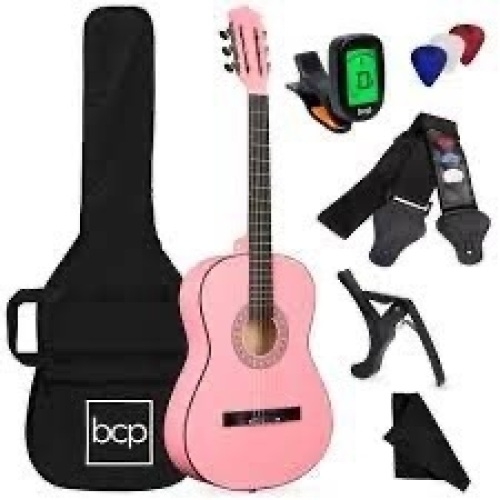 Best Choice Products 38in Beginner All Wood Acoustic Guitar Starter Kit w/Gig Bag, Digital Tuner, 6 Celluloid Picks, Nylon Strings, Capo, Cloth, Strap w/Pick Holder - Pink (MIGHT BE MISSING PARTS) - Lot 1267