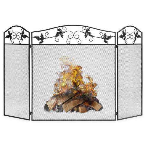 3-Panel Handcrafted Wrought Iron Decorative Leaf Fireplace Screen - 50x29in - Lot 1300