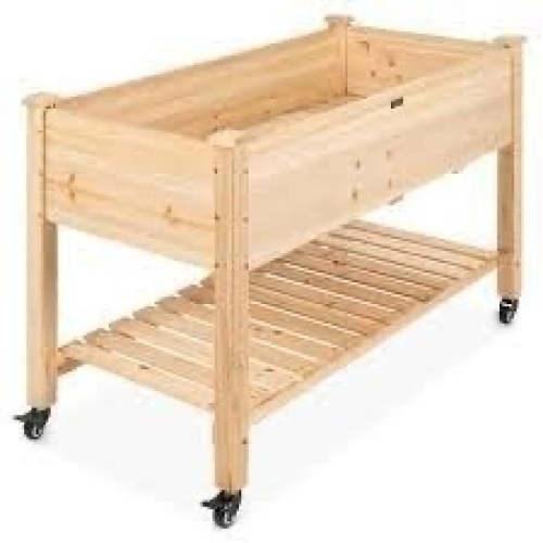 Mobile Raised Garden Bed Elevated Wood Planter w/ Wheels, Storage Shelf - Lot 1370